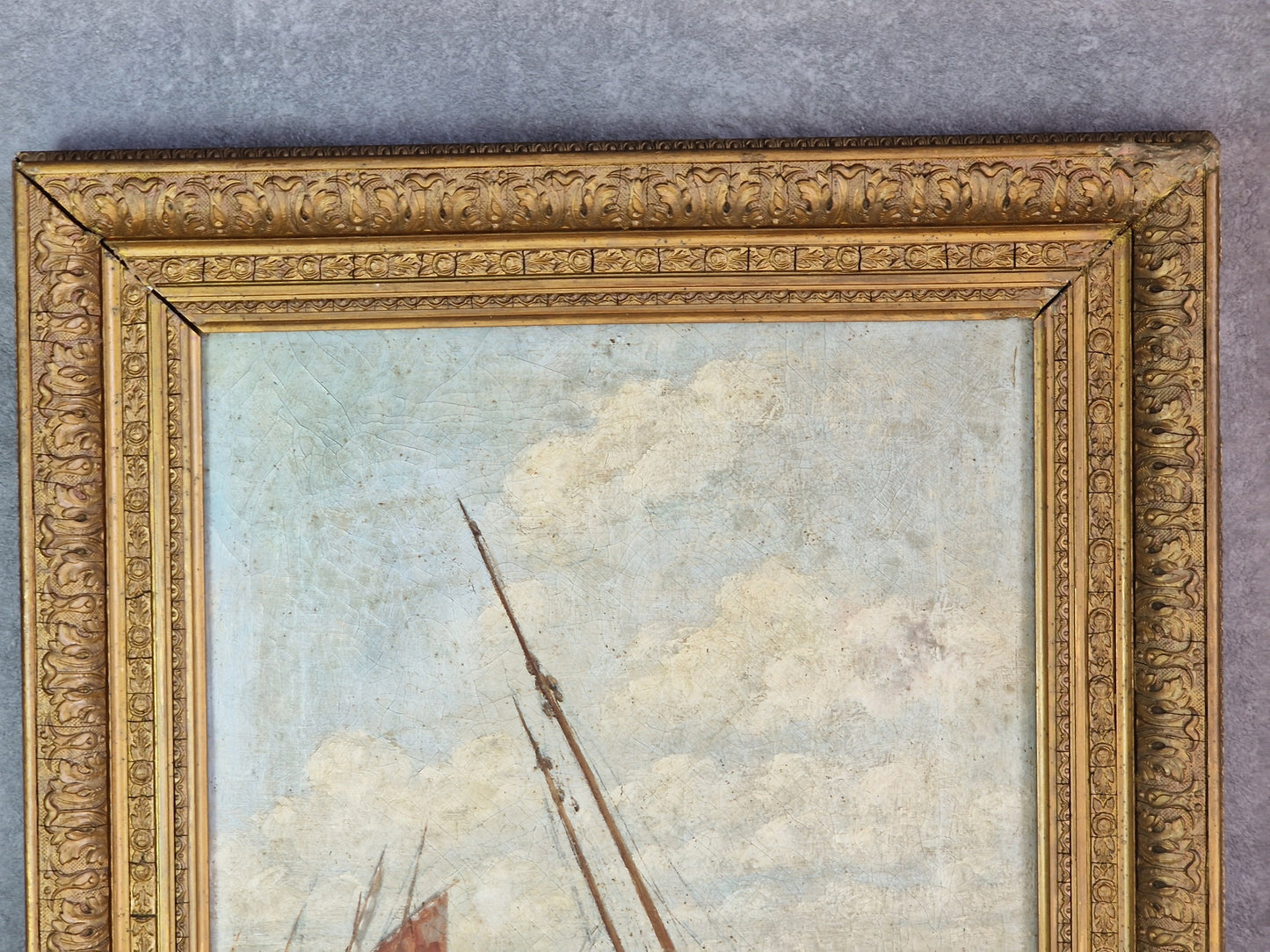 French antique oil painting of boats 1908. Original antique wall art.