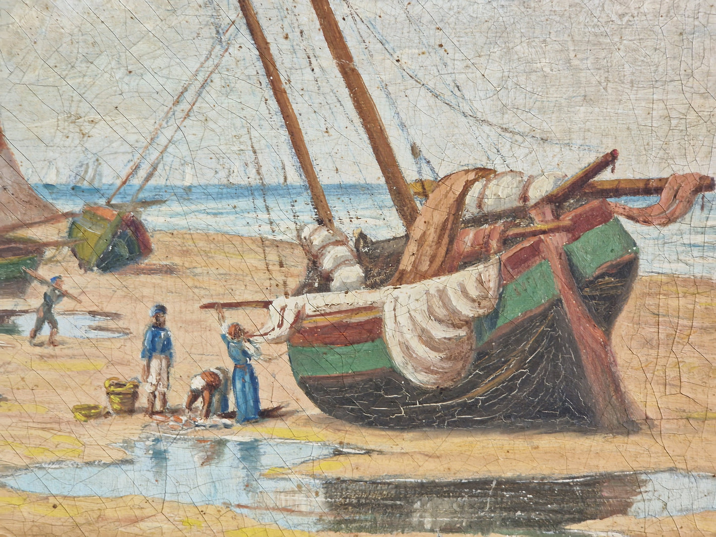 French antique oil painting of boats 1908. Original antique wall art.