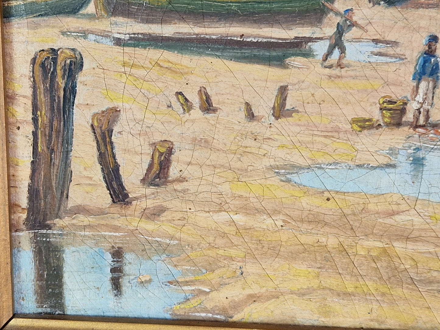 French antique oil painting of boats 1908. Original antique wall art.