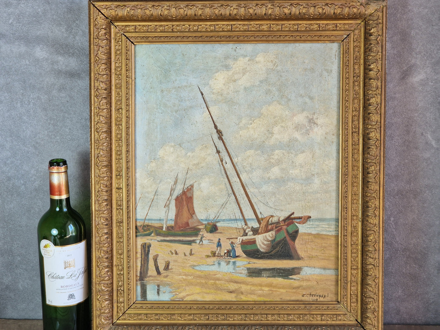 French antique oil painting of boats 1908. Original antique wall art.