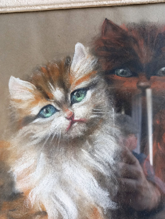 Pastel original français représentant un chaton : un cadeau vintage pour les amoureux des chats.