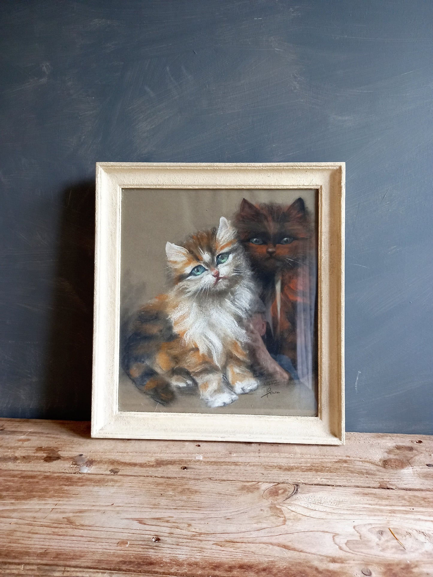 Pastel original français représentant un chaton : un cadeau vintage pour les amoureux des chats.