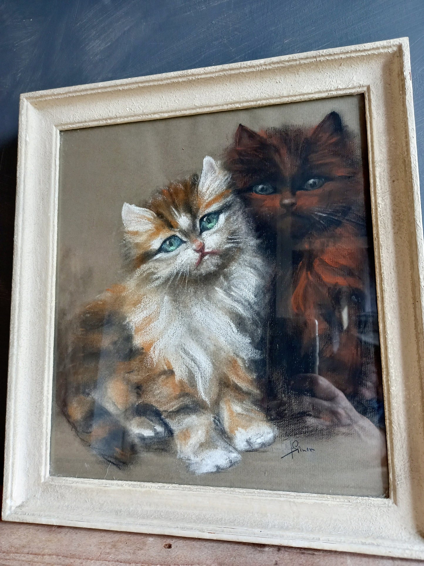 Pastel original français représentant un chaton : un cadeau vintage pour les amoureux des chats.