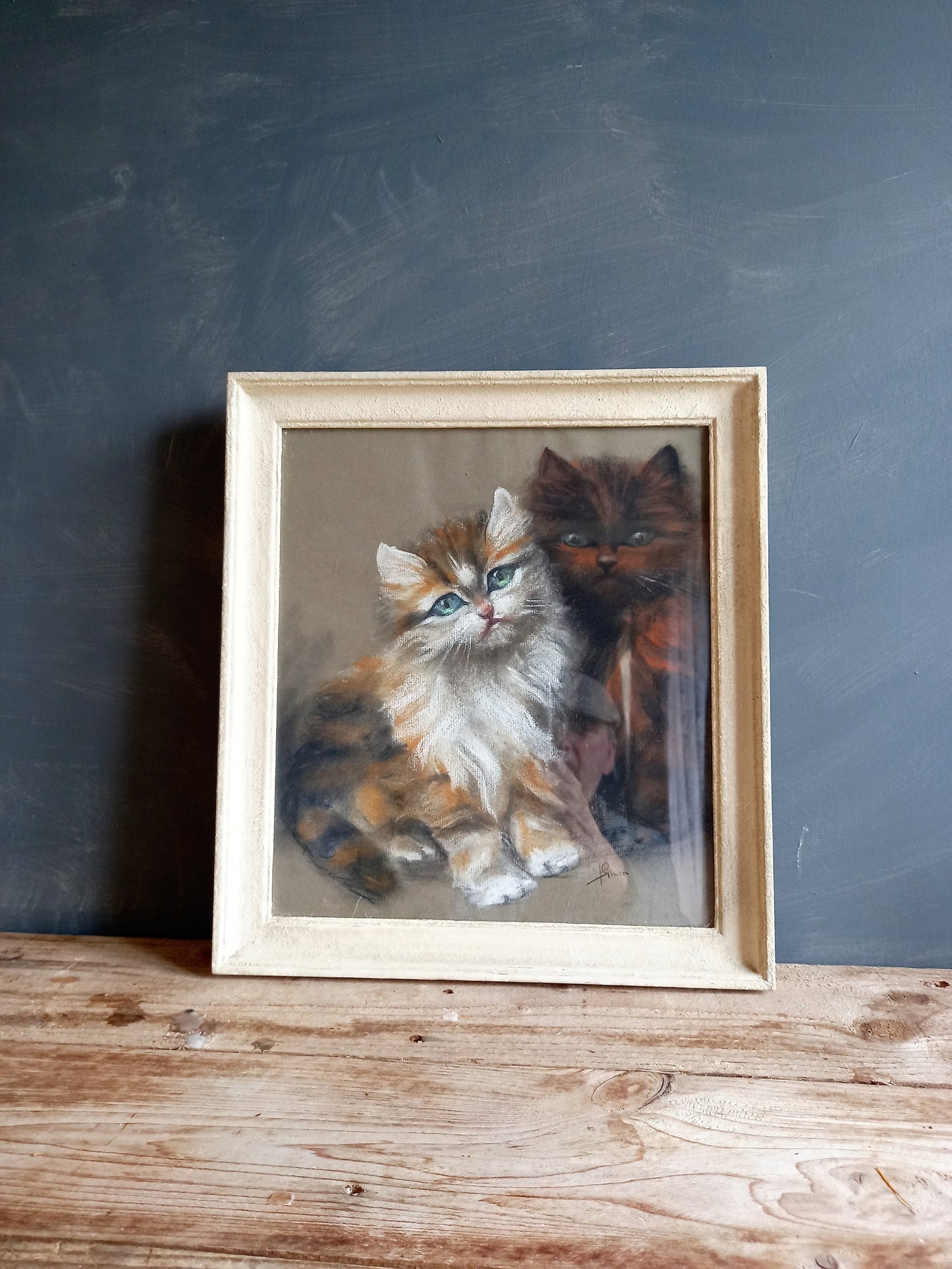 Pastel original français représentant un chaton : un cadeau vintage pour les amoureux des chats.