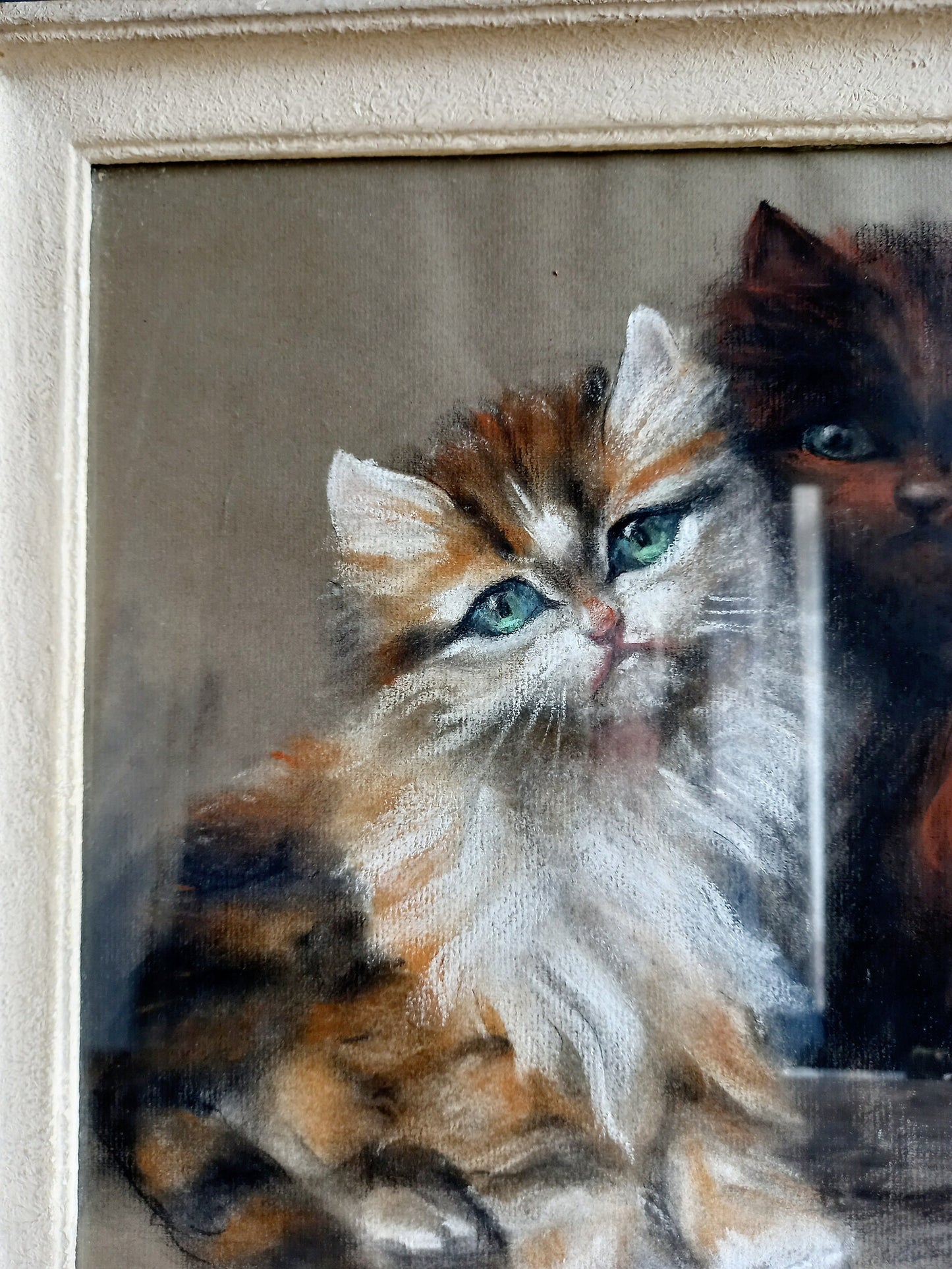 Pastel original français représentant un chaton : un cadeau vintage pour les amoureux des chats.