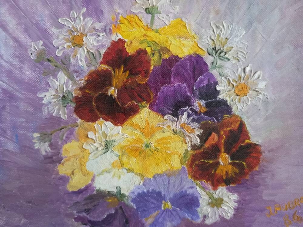 Flower painting. French oil painting of pansies. Original painting.