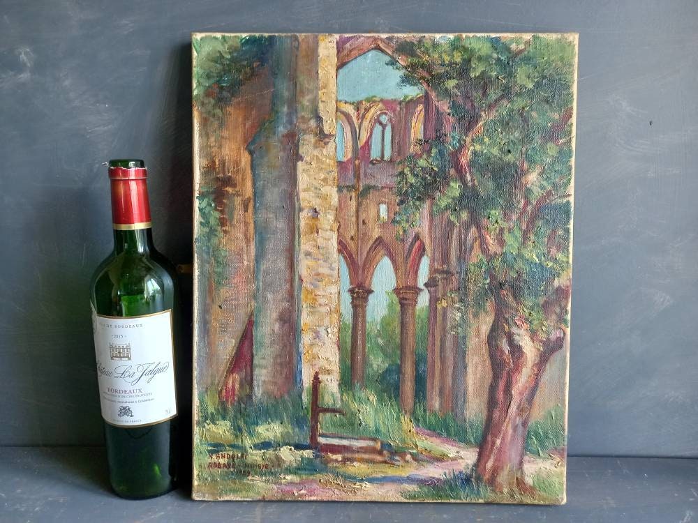 Peinture à l'huile ancienne : Ruines de l'abbaye de Hambye, signée par un artiste français