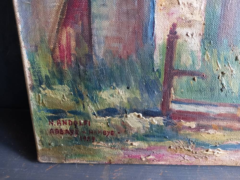 Peinture à l'huile ancienne : Ruines de l'abbaye de Hambye, signée par un artiste français