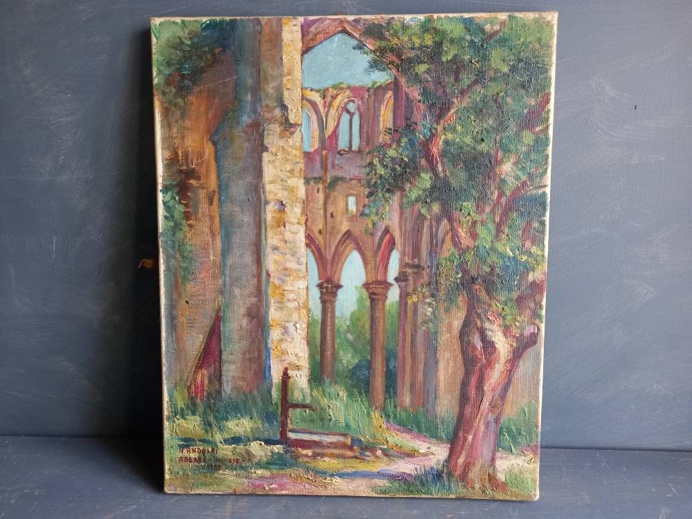 Peinture à l'huile ancienne : Ruines de l'abbaye de Hambye, signée par un artiste français