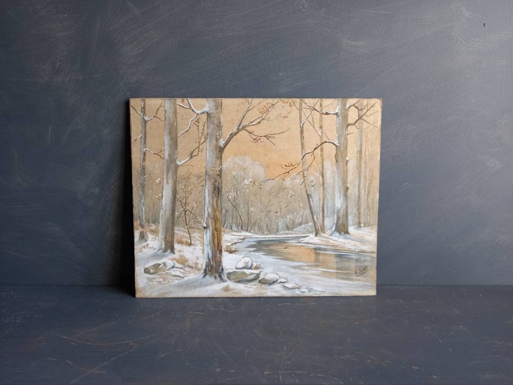 French gouache painting of a  snowy winter woodland scene.