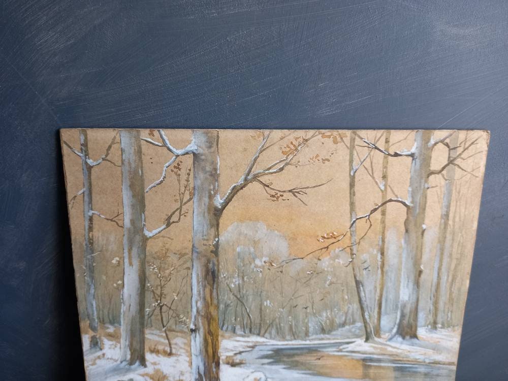 French gouache painting of a  snowy winter woodland scene.