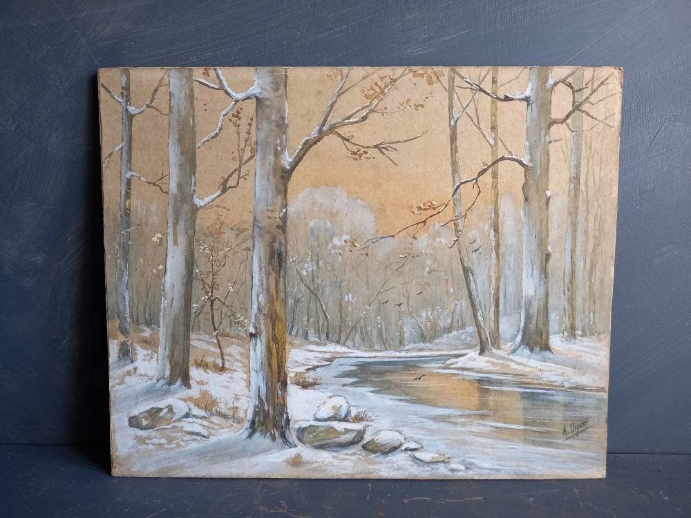 French gouache painting of a  snowy winter woodland scene.