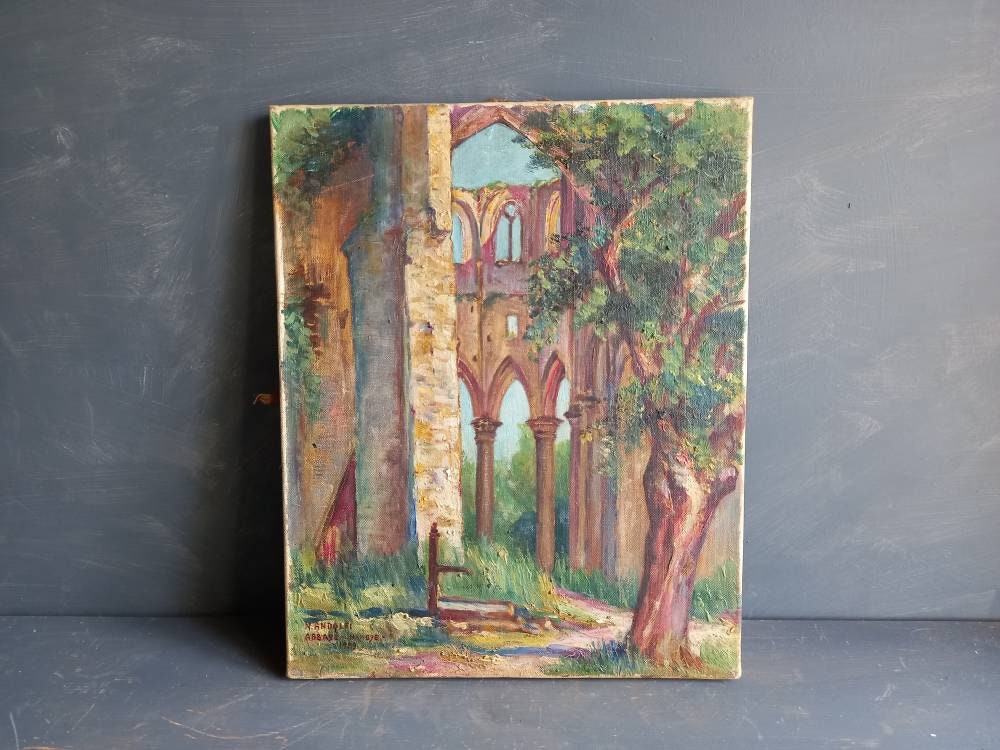 Peinture à l'huile ancienne : Ruines de l'abbaye de Hambye, signée par un artiste français