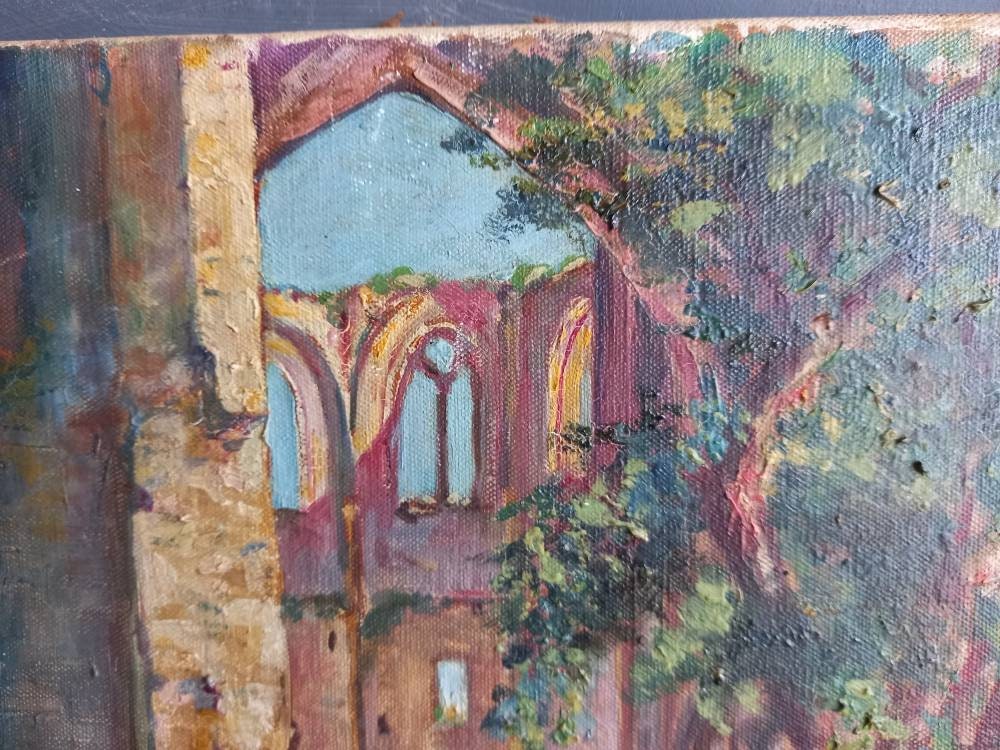 Peinture à l'huile ancienne : Ruines de l'abbaye de Hambye, signée par un artiste français