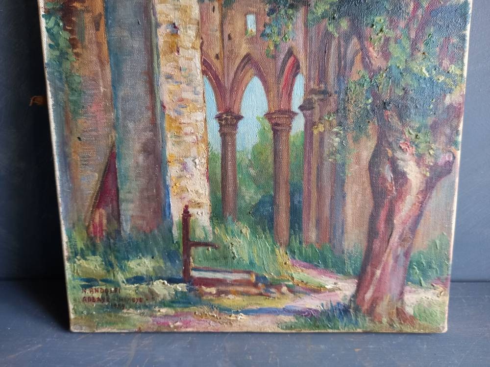 Peinture à l'huile ancienne : Ruines de l'abbaye de Hambye, signée par un artiste français