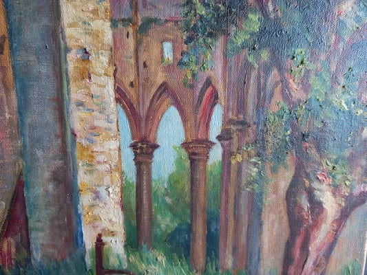 Peinture à l'huile ancienne : Ruines de l'abbaye de Hambye, signée par un artiste français