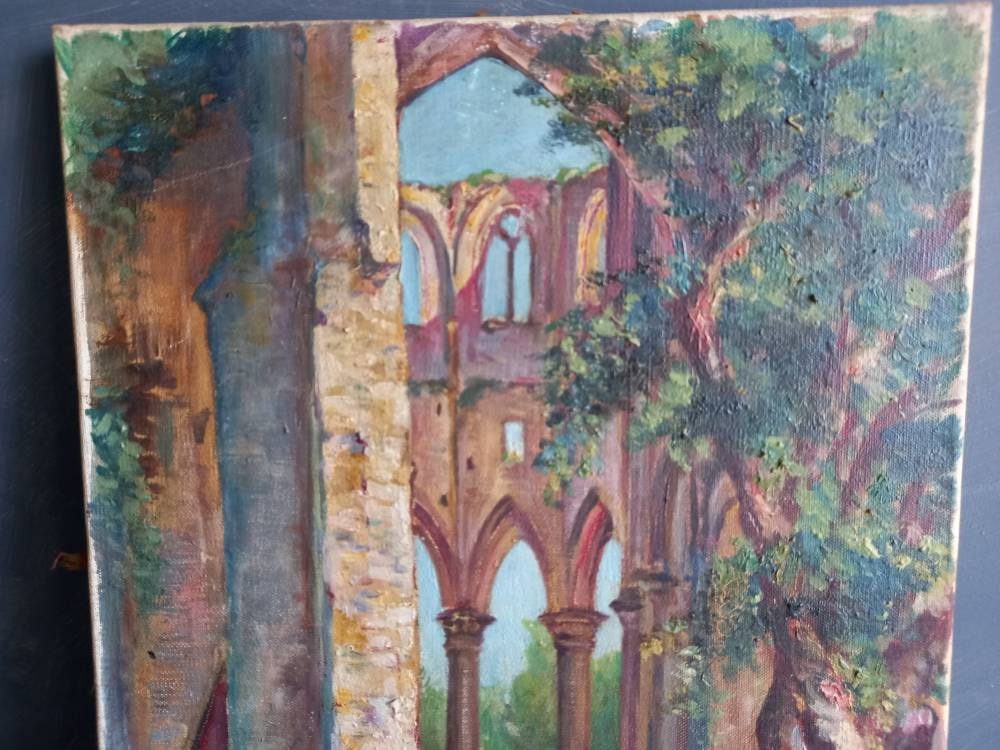 Peinture à l'huile ancienne : Ruines de l'abbaye de Hambye, signée par un artiste français
