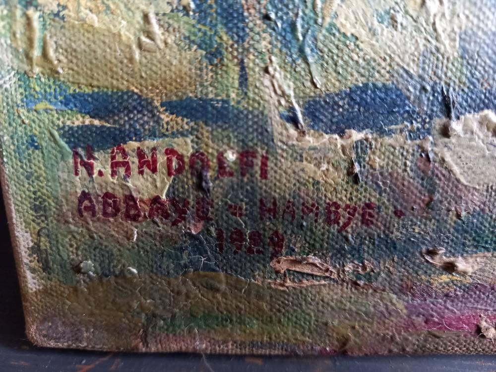 Peinture à l'huile ancienne : Ruines de l'abbaye de Hambye, signée par un artiste français