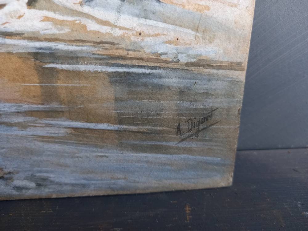 French gouache painting of a  snowy winter woodland scene.