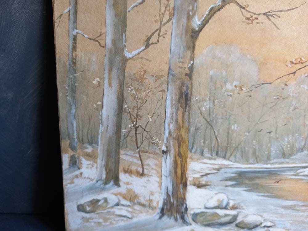 French gouache painting of a  snowy winter woodland scene.