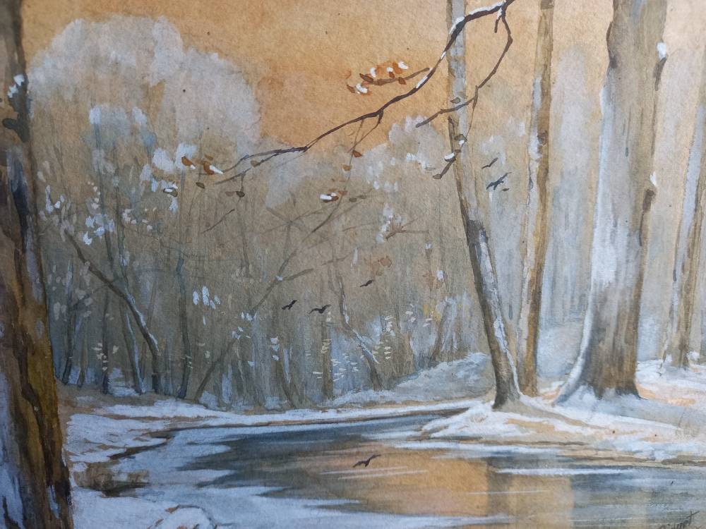 French gouache painting of a  snowy winter woodland scene.