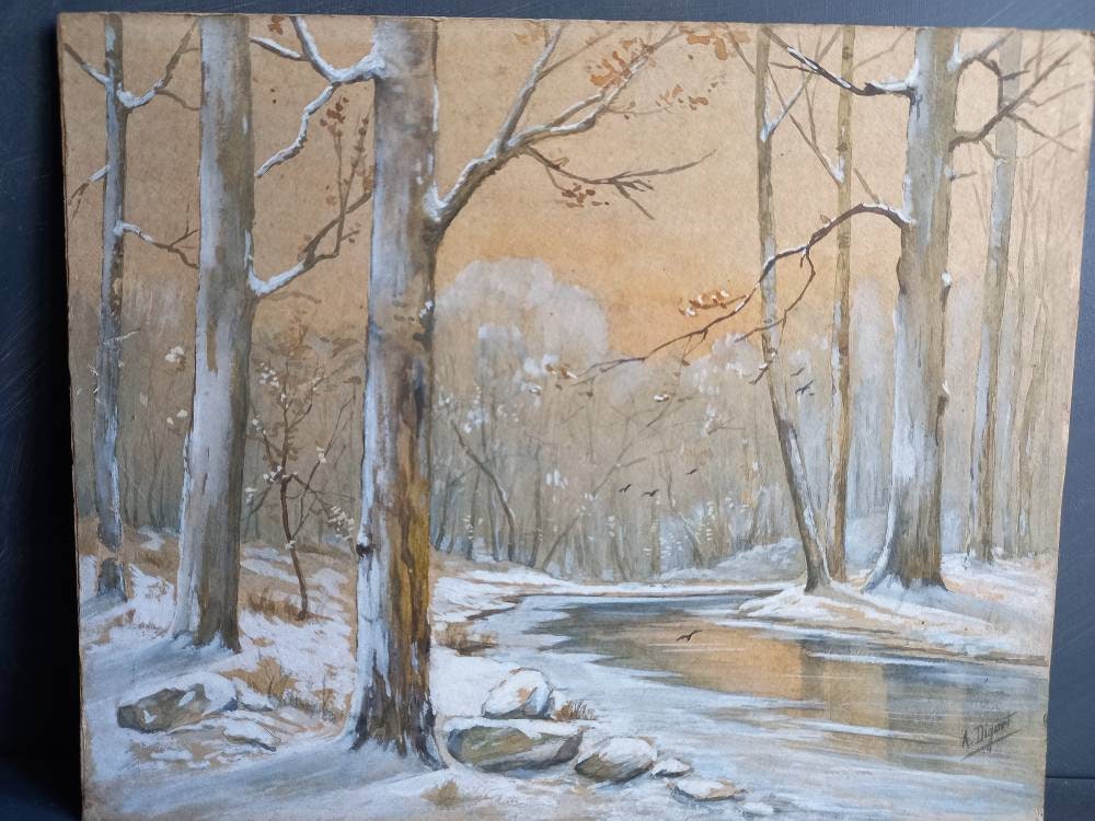 French gouache painting of a  snowy winter woodland scene.