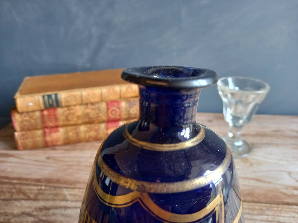 Antique blue Brandy bottle. Old blue bottle. Regency bottle. Antique decanter.