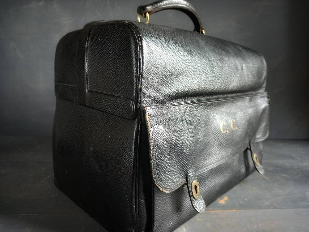 Mappin and Webb black leather antique vanity case. Mappin and Webb luggage.