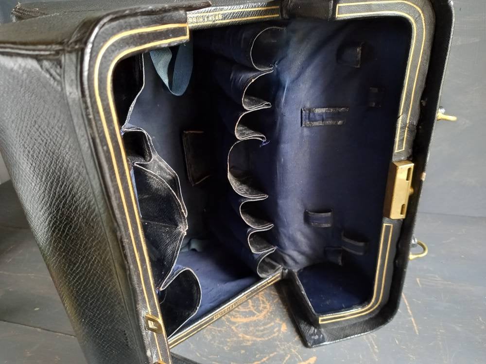 Mappin and Webb black leather antique vanity case. Mappin and Webb luggage.