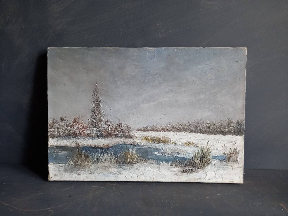 French oil painting. French art. Snow scene oil painting.