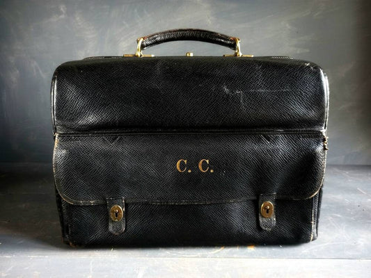 Mappin and Webb black leather antique vanity case. Mappin and Webb luggage.