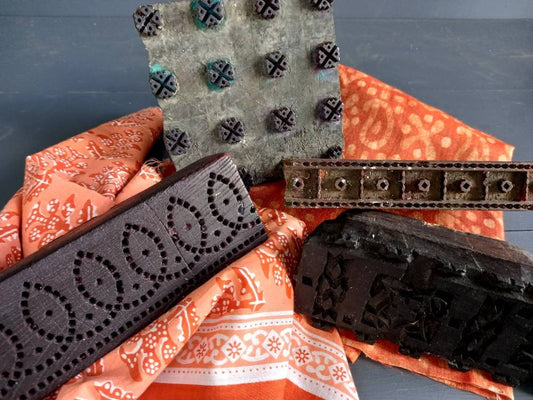 Four vintage wooden fabric printing blocks. Indian wooden printing blocks.