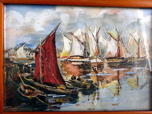 French watercolour. French seascape. Vintage ship painting.