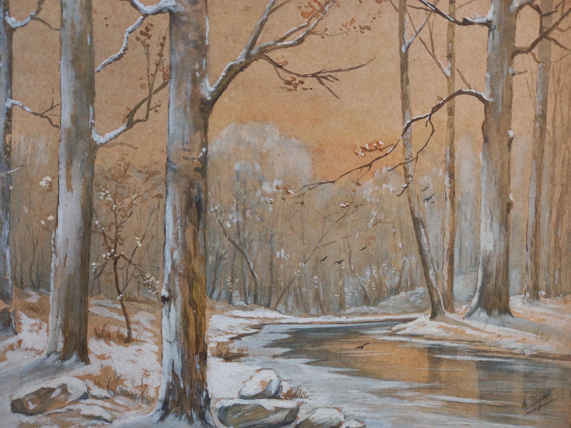 French gouache painting. snowy winter forest scene.