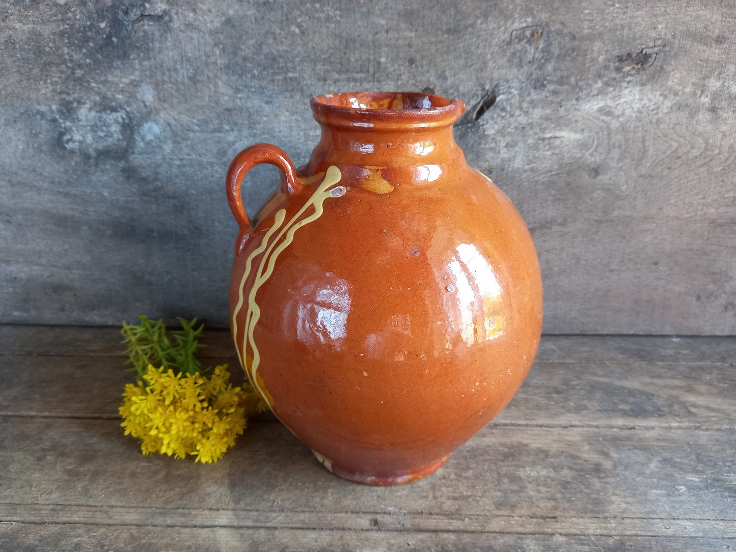 Large French vintage country jug decorated with slip.