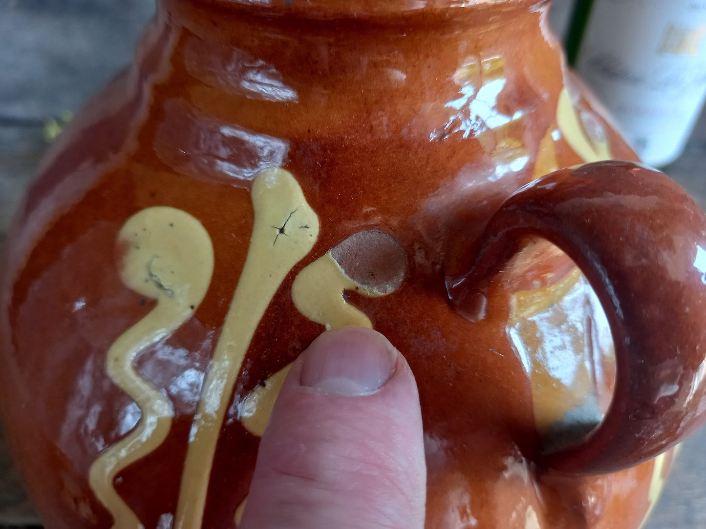 Large French vintage country jug decorated with slip.