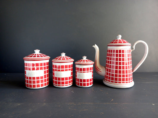 French red enamel canisters and coffee pot. French enamelware.