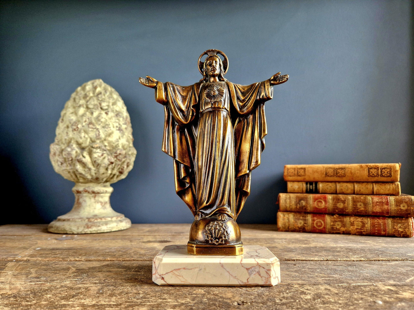 French spelter Jesus statue on marble base.
