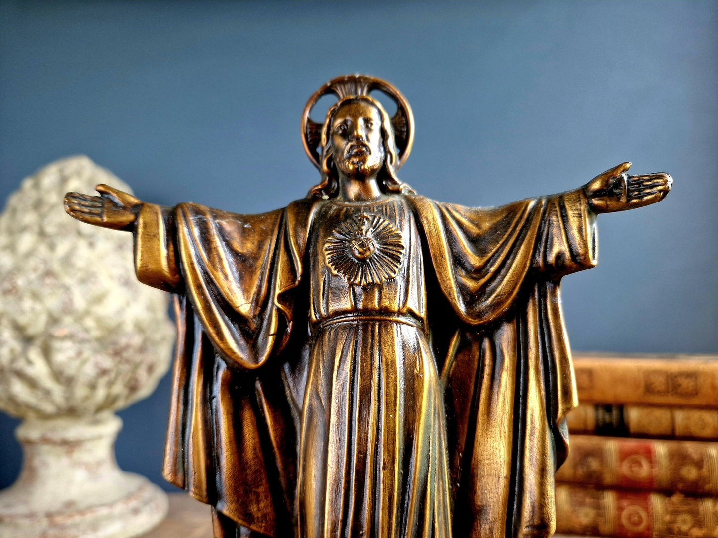 French spelter Jesus statue on marble base.