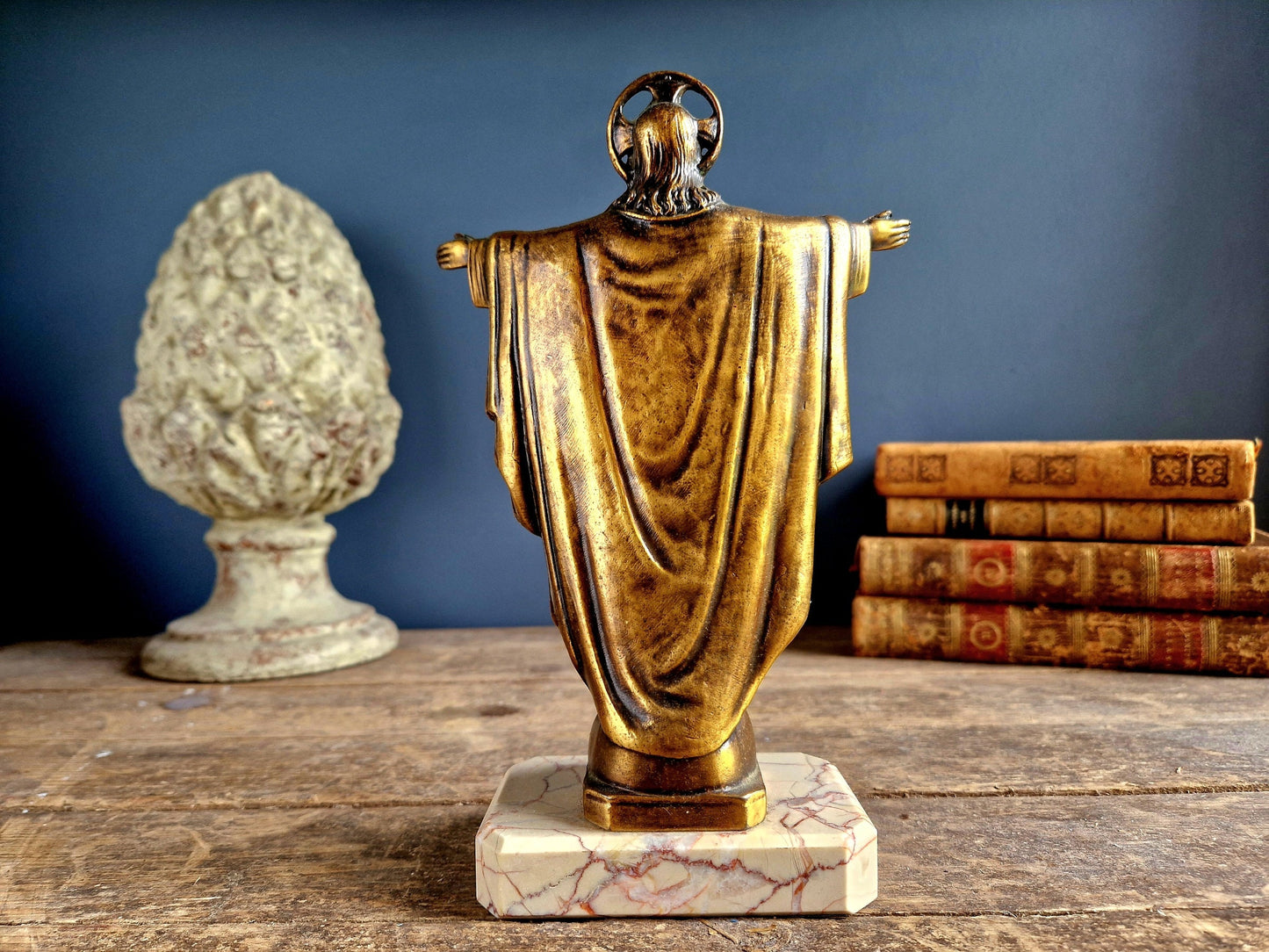French spelter Jesus statue on marble base.