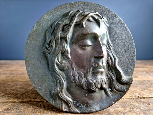 French antique bronze Jesus plaque bronze religious plaque.