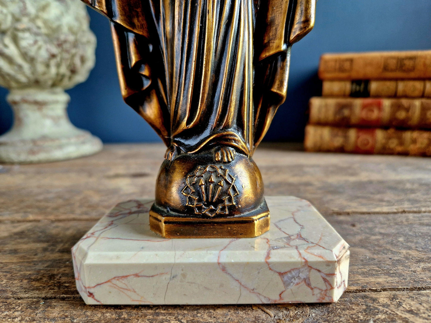 French spelter Jesus statue on marble base.
