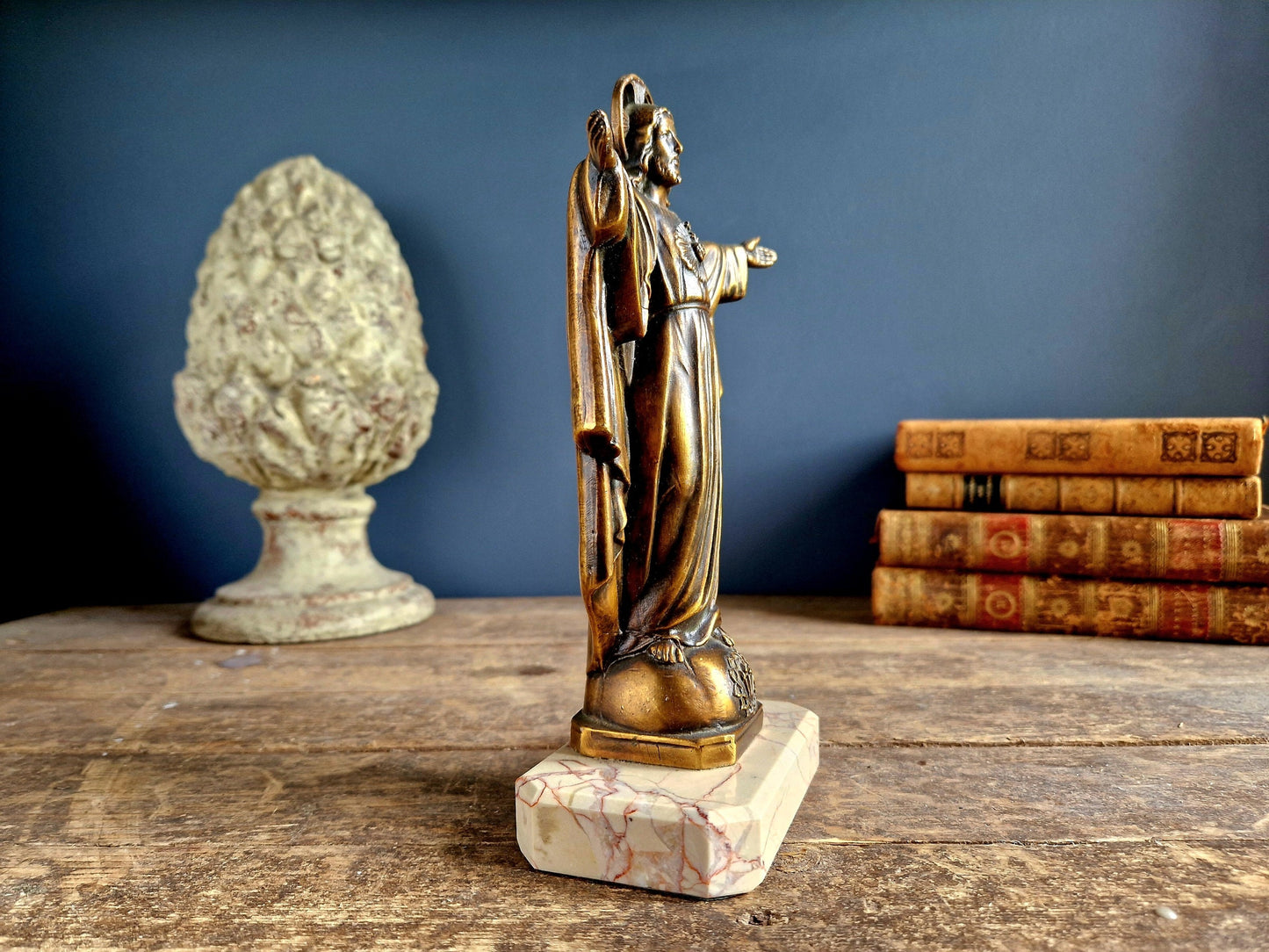 French spelter Jesus statue on marble base.