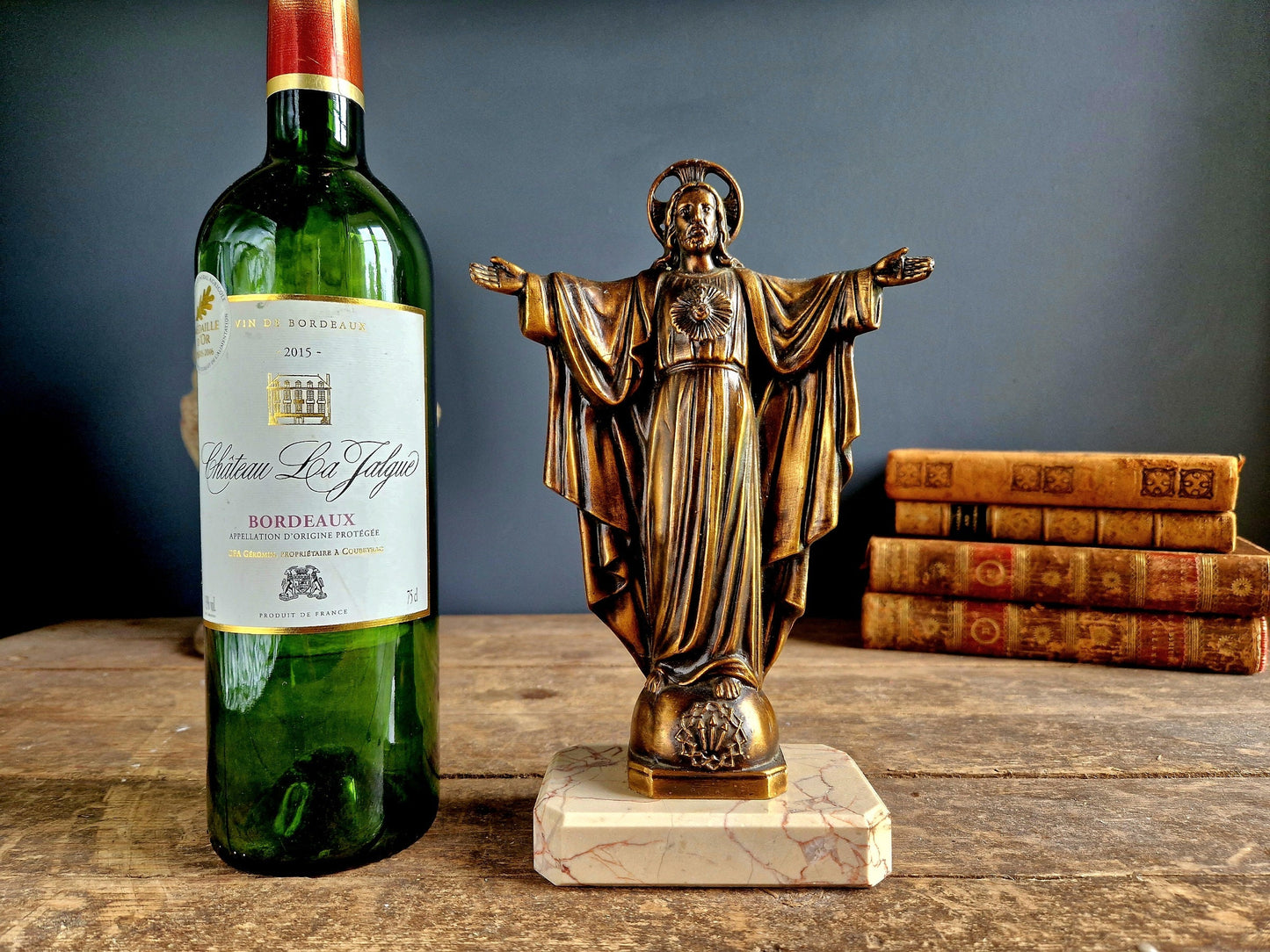 French spelter Jesus statue on marble base.
