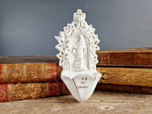 French antique holy water font. Antique benetier. Catholic holy water font.