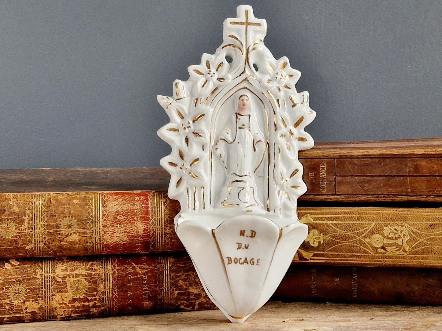 French antique holy water font. Antique benetier. Catholic holy water font.