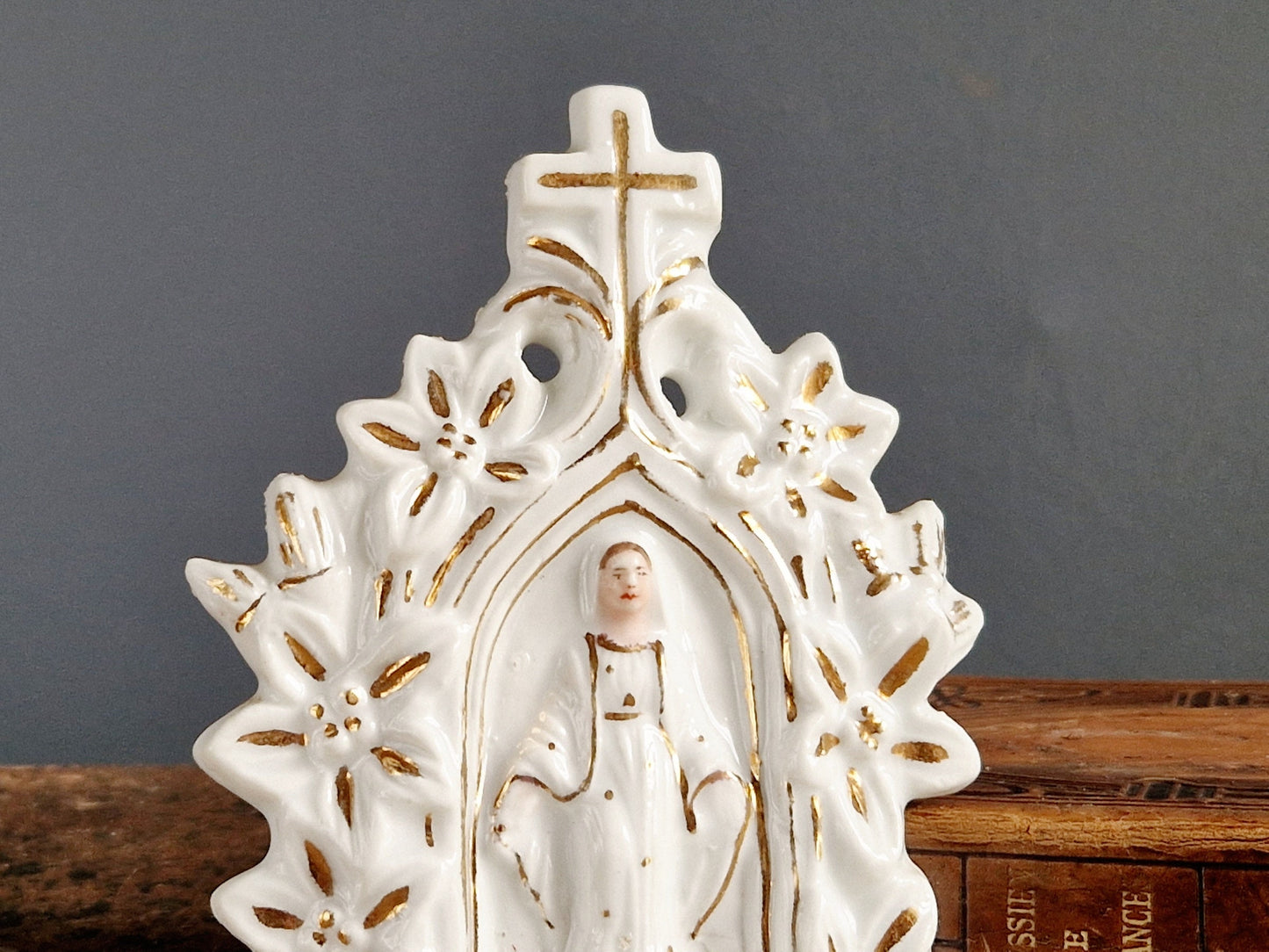 French antique holy water font. Antique benetier. Catholic holy water font.
