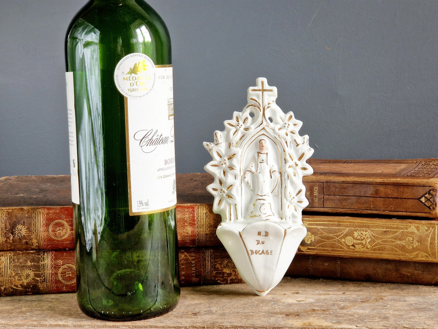 French antique holy water font. Antique benetier. Catholic holy water font.