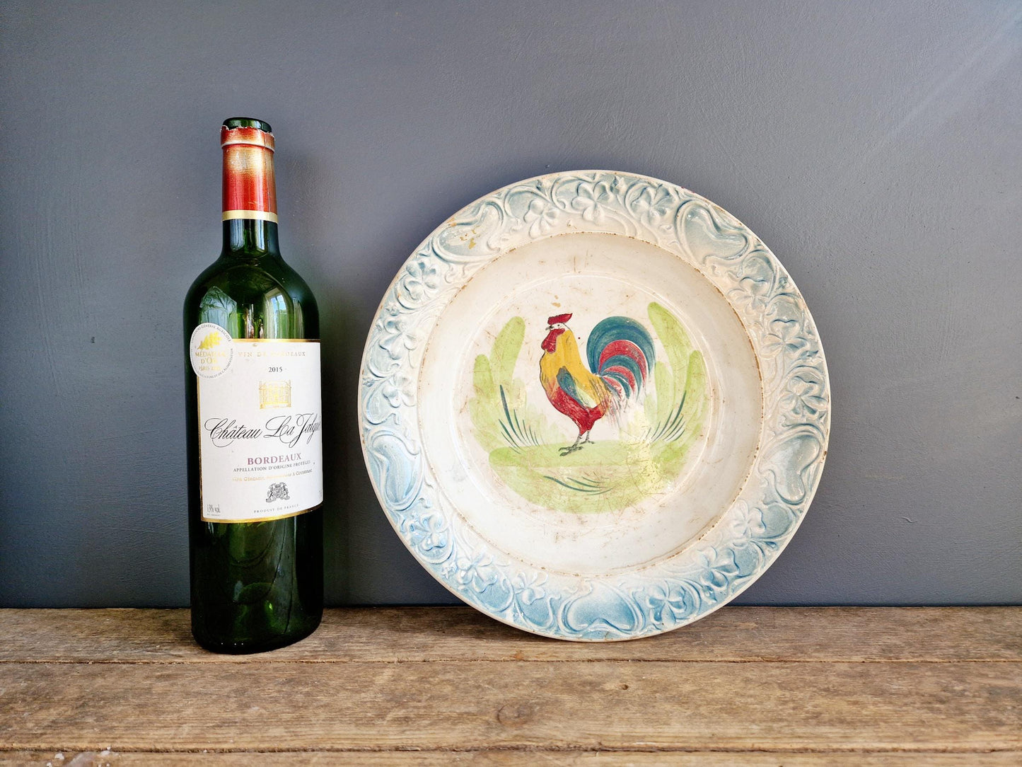French antique cockerel plate Hand painted rooster plate.