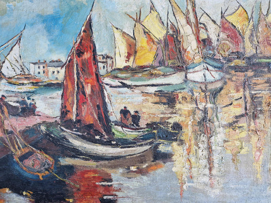 French boat oil painting French art Mid century oil painting.